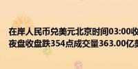 在岸人民币兑美元北京时间03:00收报7.1754较上一交易日夜盘收盘跌354点成交量363.00亿美元