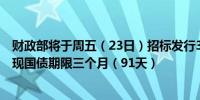 财政部将于周五（23日）招标发行300亿元人民币记账式贴现国债期限三个月（91天）