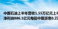 中国石油上半年营收1.55万亿元上半年归属于母公司股东的净利润886.1亿元每股中期派息0.22元