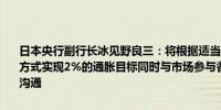 日本央行副行长冰见野良三：将根据适当的货币政策以可持续和稳定的方式实现2%的通胀目标同时与市场参与者及其他利益相关者保持密切沟通