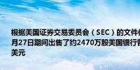 根据美国证券交易委员会（SEC）的文件伯克希尔哈撒韦在8月23日至8月27日期间出售了约2470万股美国银行普通股交易金额约为9.819亿美元