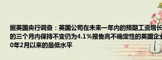 据英国央行调查：英国公司在未来一年内的预期工资增长率在截至8月的三个月内保持不变仍为4.1%报告高不确定性的英国企业比例降至2020年2月以来的最低水平