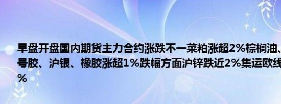 早盘开盘国内期货主力合约涨跌不一菜粕涨超2%棕榈油、LU燃油、20号胶、沪银、橡胶涨超1%跌幅方面沪锌跌近2%集运欧线、纯碱跌超1%