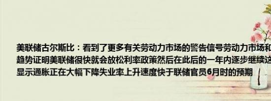 美联储古尔斯比：看到了更多有关劳动力市场的警告信号劳动力市场和通胀数据的长期趋势证明美联储很快就会放松利率政策然后在此后的一年内逐步继续这一进程长期曲线显示通胀正在大幅下降失业率上升速度快于联储官员6月时的预期