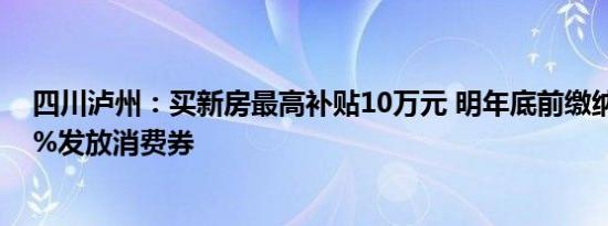 四川泸州：买新房最高补贴10万元 明年底前缴纳契税按50%发放消费券