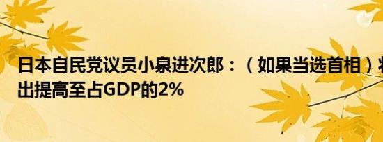 日本自民党议员小泉进次郎：（如果当选首相）将把国防支出提高至占GDP的2%