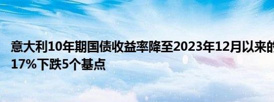 意大利10年期国债收益率降至2023年12月以来的最低点3.517%下跌5个基点