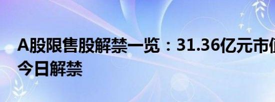 A股限售股解禁一览：31.36亿元市值限售股今日解禁