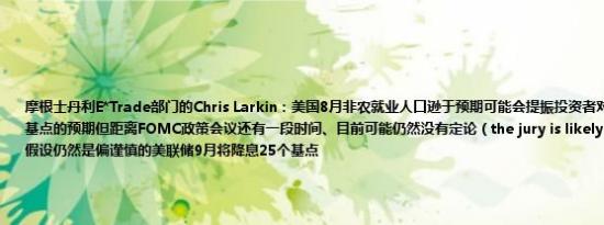 摩根士丹利E*Trade部门的Chris Larkin：美国8月非农就业人口逊于预期可能会提振投资者对美联储9月降息50个基点的预期但距离FOMC政策会议还有一段时间、目前可能仍然没有定论（the jury is likely still out）当前基本假设仍然是偏谨慎的美联储9月将降息25个基点