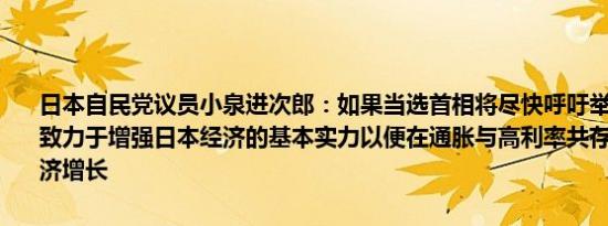 日本自民党议员小泉进次郎：如果当选首相将尽快呼吁举行国会选举将致力于增强日本经济的基本实力以便在通胀与高利率共存的时代实现经济增长