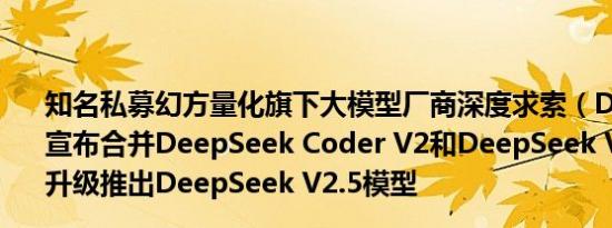 知名私募幻方量化旗下大模型厂商深度求索（DeepSeek）宣布合并DeepSeek Coder V2和DeepSeek V2 Chat模型升级推出DeepSeek V2.5模型