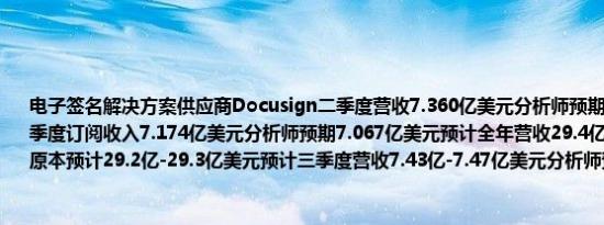 电子签名解决方案供应商Docusign二季度营收7.360亿美元分析师预期7.279亿美元二季度订阅收入7.174亿美元分析师预期7.067亿美元预计全年营收29.4亿-2.95亿美元公司原本预计29.2亿-29.3亿美元预计三季度营收7.43亿-7.47亿美元分析师预期7.396亿美元