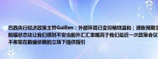 巴西央行经济政策主管Guillen：外部环境已变得稍微温和；通胀预期变化不大仍然处于脱锚状态这让我们感到不安当前外汇汇率略高于我们最近一次政策会议时的水平委员会不希望在数据依赖的立场下提供指引