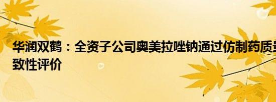 华润双鹤：全资子公司奥美拉唑钠通过仿制药质量和疗效一致性评价