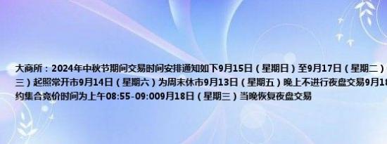 大商所：2024年中秋节期间交易时间安排通知如下9月15日（星期日）至9月17日（星期二）休市9月18日（星期三）起照常开市9月14日（星期六）为周末休市9月13日（星期五）晚上不进行夜盘交易9月18日（星期三）所有合约集合竞价时间为上午08:55-09:009月18日（星期三）当晚恢复夜盘交易