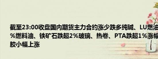 截至23:00收盘国内期货主力合约涨少跌多纯碱、LU燃油、焦煤跌超3%燃料油、铁矿石跌超2%玻璃、热卷、PTA跌超1%涨幅方面豆粕、橡胶小幅上涨