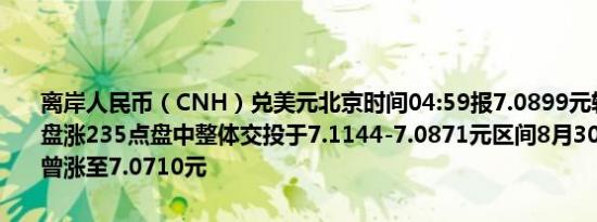 离岸人民币（CNH）兑美元北京时间04:59报7.0899元较周一纽约尾盘涨235点盘中整体交投于7.1144-7.0871元区间8月30日离岸人民币曾涨至7.0710元