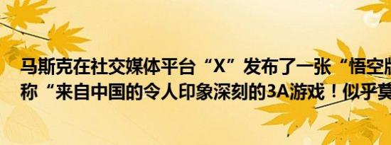 马斯克在社交媒体平台“X”发布了一张“悟空版”AI照片称“来自中国的令人印象深刻的3A游戏！似乎莫名熟悉”