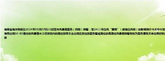 海南省海洋预报台2024年09月07日10时发布风暴潮蓝色（四级）预警：受2411号台风“摩羯”（超强台风级）的影响预计今天中午到明天中午海南岛西部、北部沿海将出现30-80厘米的风暴增水上述岸段内的潮位站将不会出现达到当地蓝色警戒潮位的高潮位风暴潮预警级别为蓝色请有关单位做好防潮准备并密切关注我台后续预报