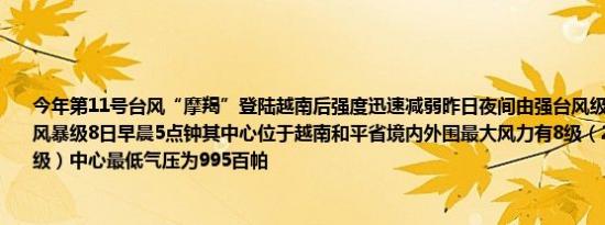 今年第11号台风“摩羯”登陆越南后强度迅速减弱昨日夜间由强台风级快速减弱为热带风暴级8日早晨5点钟其中心位于越南和平省境内外围最大风力有8级（20米/秒热带风暴级）中心最低气压为995百帕