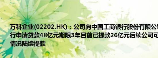 万科企业(02202.HK)：公司向中国工商银行股份有限公司深圳罗湖支行申请贷款48亿元期限3年目前已提款26亿元后续公司可根据业务实际情况陆续提款