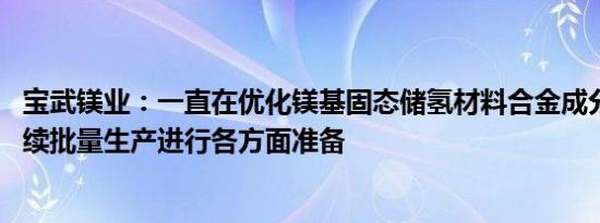 宝武镁业：一直在优化镁基固态储氢材料合金成分组成 为后续批量生产进行各方面准备