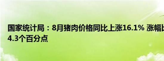 国家统计局：8月猪肉价格同比上涨16.1% 涨幅比上月回落4.3个百分点