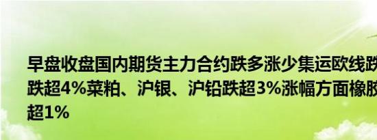 早盘收盘国内期货主力合约跌多涨少集运欧线跌超8%纯碱跌超4%菜粕、沪银、沪铅跌超3%涨幅方面橡胶、20号胶涨超1%