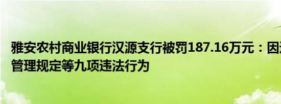 雅安农村商业银行汉源支行被罚187.16万元：因违反人民币管理规定等九项违法行为