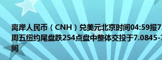 离岸人民币（CNH）兑美元北京时间04:59报7.1202元较上周五纽约尾盘跌254点盘中整体交投于7.0845-7.1254元区间