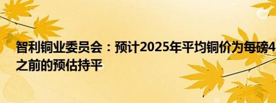 智利铜业委员会：预计2025年平均铜价为每磅4.25美元与之前的预估持平