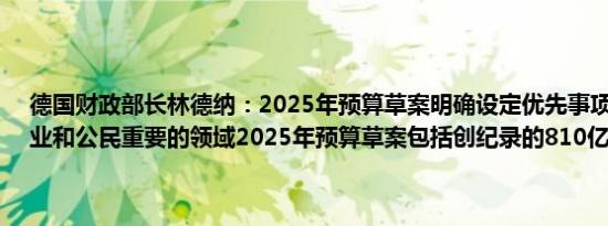 德国财政部长林德纳：2025年预算草案明确设定优先事项投资于对企业和公民重要的领域2025年预算草案包括创纪录的810亿欧元投资