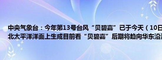 中央气象台：今年第13号台风“贝碧嘉”已于今天（10日）夜间在西北太平洋洋面上生成目前看“贝碧嘉”后期将趋向华东沿海