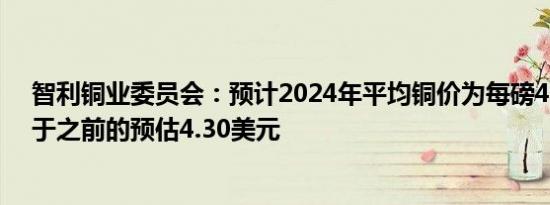 智利铜业委员会：预计2024年平均铜价为每磅4.18美元低于之前的预估4.30美元
