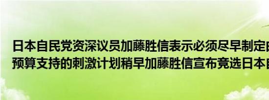 日本自民党资深议员加藤胜信表示必须尽早制定由大胆补充预算支持的刺激计划稍早加藤胜信宣布竞选日本自民党总裁