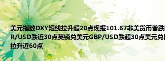 美元指数DXY短线拉升超20点现报101.67非美货币普跌欧元兑美元EUR/USD跌近30点英镑兑美元GBP/USD跌超30点美元兑日元USD/JPY拉升近60点