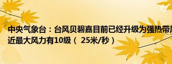 中央气象台：台风贝碧嘉目前已经升级为强热带风暴中心附近最大风力有10级（ 25米/秒）