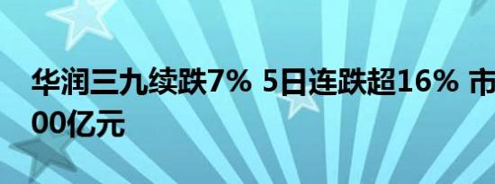 华润三九续跌7% 5日连跌超16% 市值下破500亿元