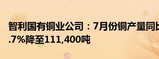 智利国有铜业公司：7月份铜产量同比下降10.7%降至111,400吨