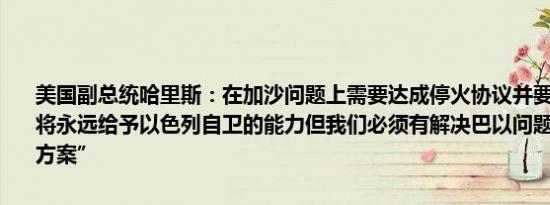 美国副总统哈里斯：在加沙问题上需要达成停火协议并要求释放人质我将永远给予以色列自卫的能力但我们必须有解决巴以问题的“两国解决方案”