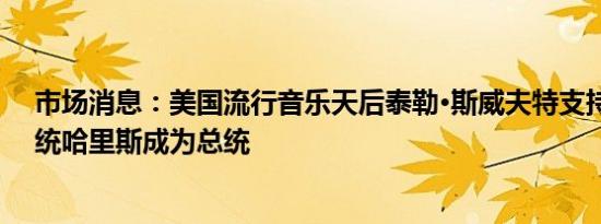 市场消息：美国流行音乐天后泰勒·斯威夫特支持美国副总统哈里斯成为总统