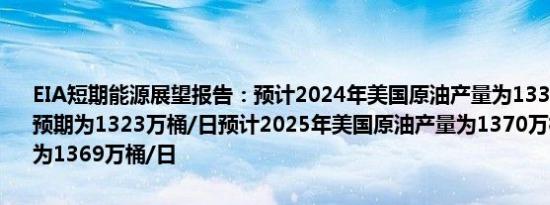 EIA短期能源展望报告：预计2024年美国原油产量为1330万桶/日此前预期为1323万桶/日预计2025年美国原油产量为1370万桶/日此前预期为1369万桶/日