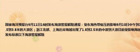 国家海洋预报台9月11日16时发布海浪警报解除通报：受东海热带低压的影响9月10日中午到11日下午东海出现了2.5到3.8米的大浪区；浙江北部、上海近岸海域出现了1.8到2.5米的中浪到大浪目前受影响海域的浪高已减小到警报发布标准以下海浪警报解除