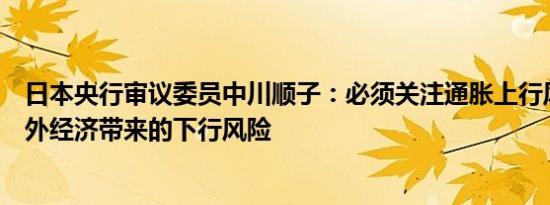 日本央行审议委员中川顺子：必须关注通胀上行风险以及海外经济带来的下行风险