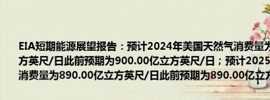 EIA短期能源展望报告：预计2024年美国天然气消费量为900.00亿立方英尺/日此前预期为900.00亿立方英尺/日；预计2025年美国天然气消费量为890.00亿立方英尺/日此前预期为890.00亿立方英尺/日