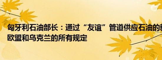 匈牙利石油部长：通过“友谊”管道供应石油的新协议符合欧盟和乌克兰的所有规定
