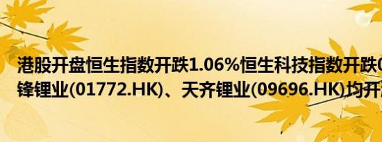 港股开盘恒生指数开跌1.06%恒生科技指数开跌0.98%；赣锋锂业(01772.HK)、天齐锂业(09696.HK)均开涨超7%
