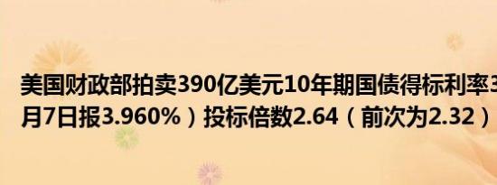 美国财政部拍卖390亿美元10年期国债得标利率3.648%（8月7日报3.960%）投标倍数2.64（前次为2.32）