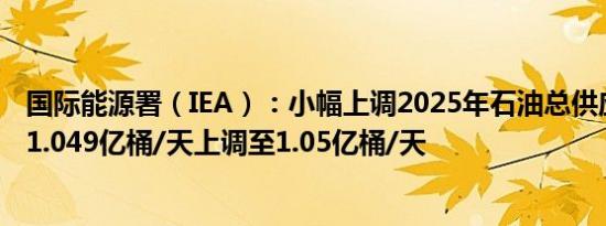国际能源署（IEA）：小幅上调2025年石油总供应量预测从1.049亿桶/天上调至1.05亿桶/天