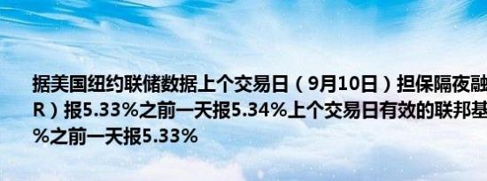 据美国纽约联储数据上个交易日（9月10日）担保隔夜融资利率（SOFR）报5.33%之前一天报5.34%上个交易日有效的联邦基金利率报5.33%之前一天报5.33%